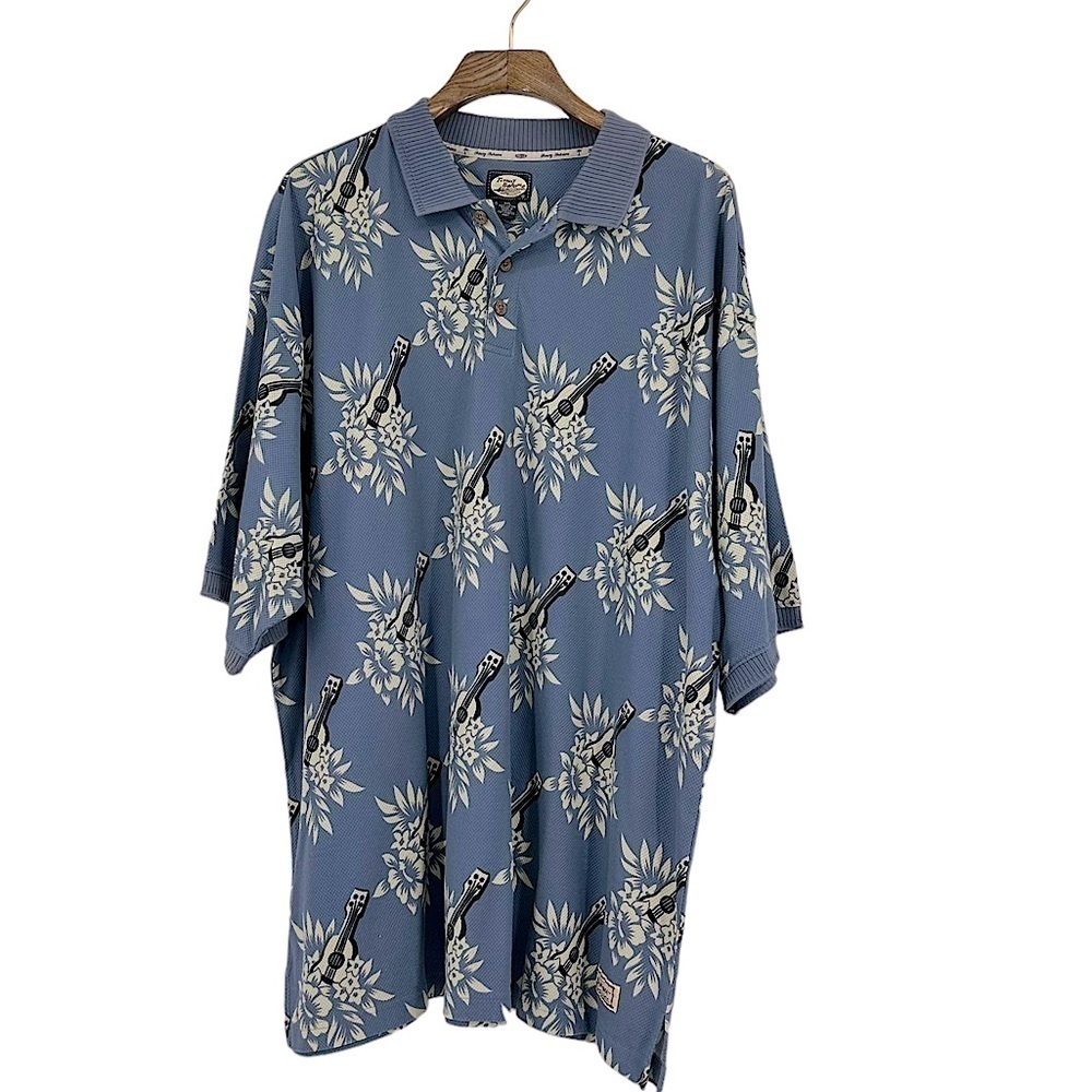Tommy Bahama Hawaiian Ukulele Floral Print Polo Shirt Blue Short Sleeve Size XXL